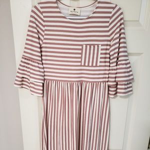 COPY- Pink Striped Double Bell Sleeve Midi Dress…